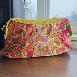New Sisley-Paris Pink and Yellow Paisley Satin  Make-up Cosmetic Bag